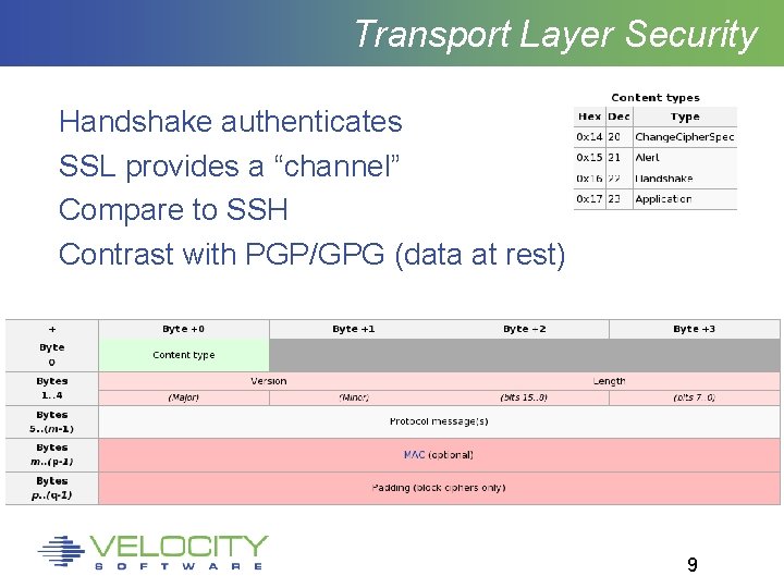 Transport Layer Security Handshake authenticates SSL provides a “channel” Compare to SSH Contrast with