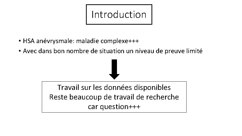 Introduction • HSA anévrysmale: maladie complexe+++ • Avec dans bon nombre de situation un