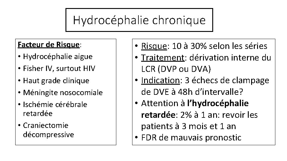 Hydrocéphalie chronique Facteur de Risque: • Hydrocéphalie aigue • Fisher IV, surtout HIV •