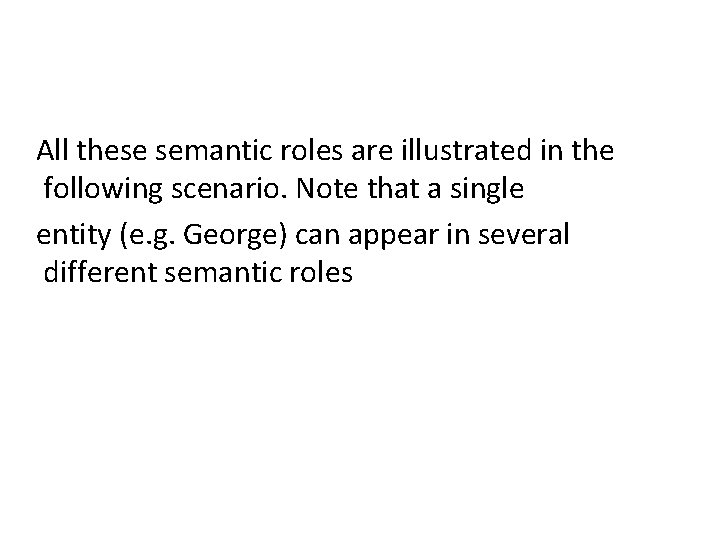 All these semantic roles are illustrated in the following scenario. Note that a single All these semantic roles are illustrated in the following scenario. Note that a single