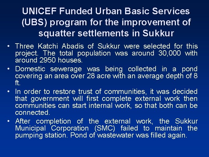 UNICEF Funded Urban Basic Services (UBS) program for the improvement of squatter settlements in