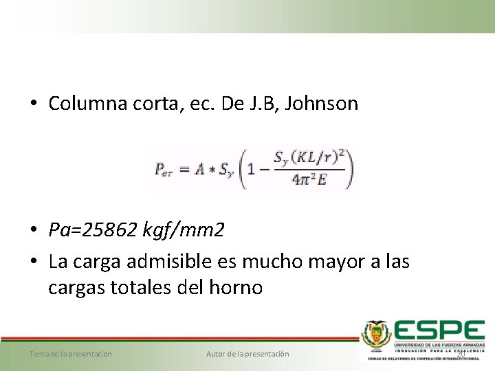  • Columna corta, ec. De J. B, Johnson • Pa=25862 kgf/mm 2 •