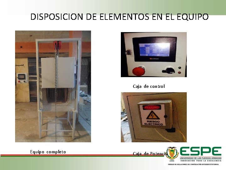 DISPOSICION DE ELEMENTOS EN EL EQUIPO Caja de control Equipo completo Caja de Potencia