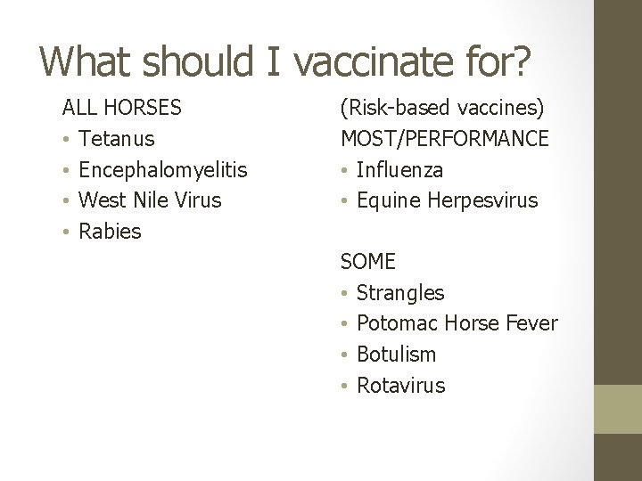 What should I vaccinate for? ALL HORSES • Tetanus • Encephalomyelitis • West Nile