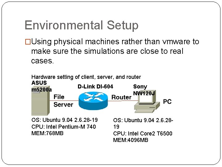 Environmental Setup �Using physical machines rather than vmware to make sure the simulations are Environmental Setup �Using physical machines rather than vmware to make sure the simulations are