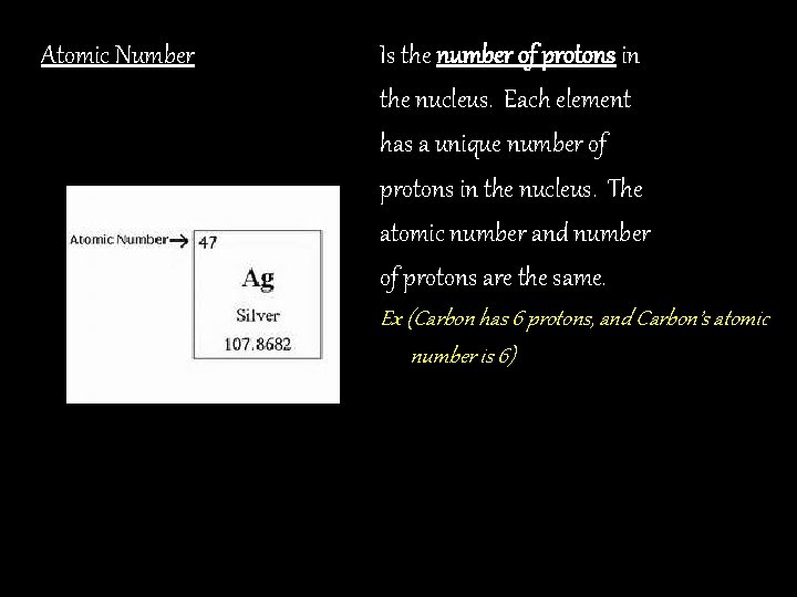 Atomic Number Is the number of protons in the nucleus. Each element has a