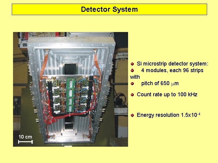 Detector System Si microstrip detector system: 4 modules, each 96 strips with pitch of