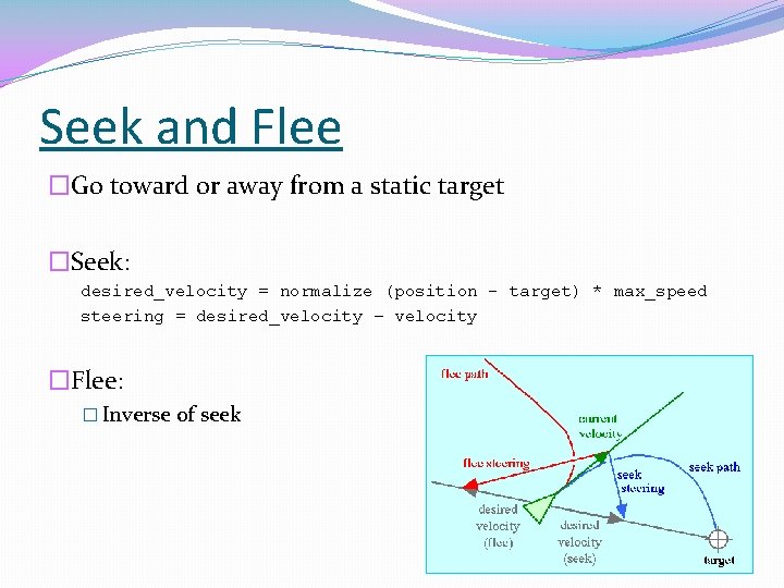 Seek and Flee �Go toward or away from a static target �Seek: desired_velocity =