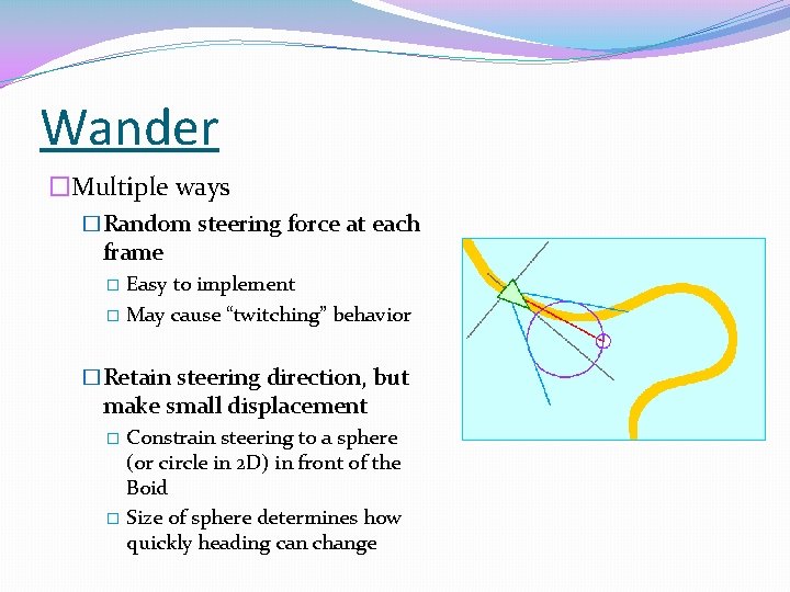 Wander �Multiple ways �Random steering force at each frame Easy to implement � May