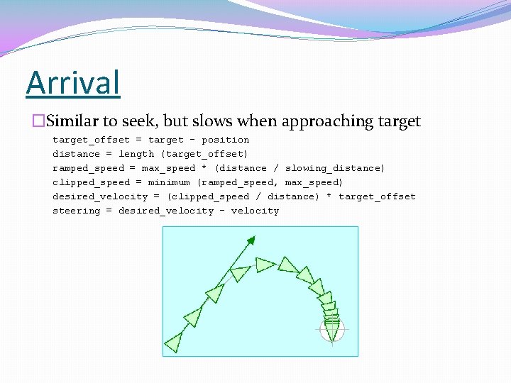 Arrival �Similar to seek, but slows when approaching target_offset = target - position distance