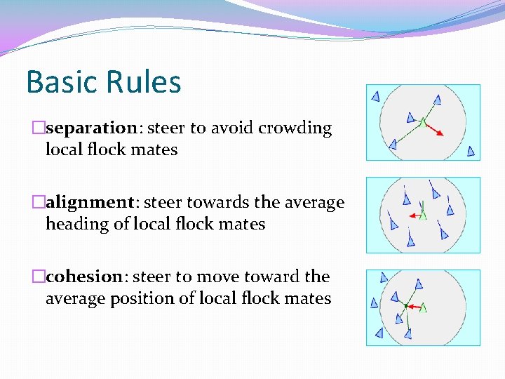 Basic Rules �separation: steer to avoid crowding local flock mates �alignment: steer towards the