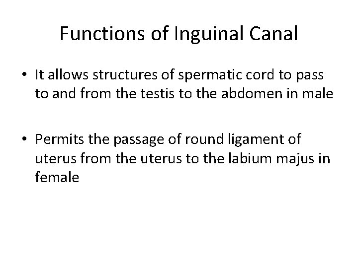 Functions of Inguinal Canal • It allows structures of spermatic cord to pass to