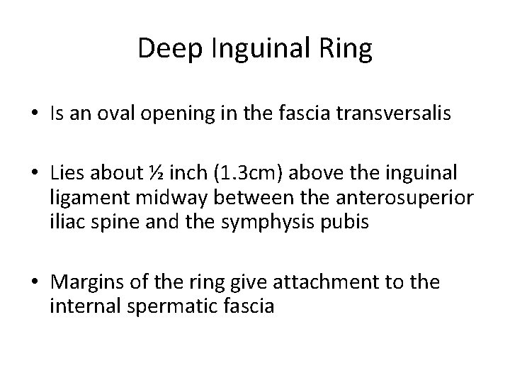 Deep Inguinal Ring • Is an oval opening in the fascia transversalis • Lies
