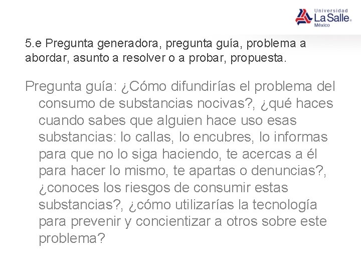 5. e Pregunta generadora, pregunta guía, problema a abordar, asunto a resolver o a