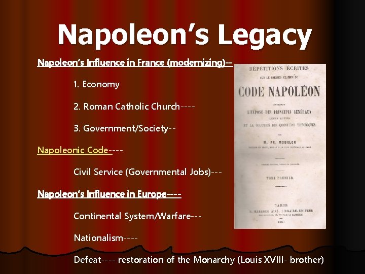 Napoleon’s Legacy Napoleon’s Influence in France (modernizing)-1. Economy 2. Roman Catholic Church---3. Government/Society-Napoleonic Code---Civil Napoleon’s Legacy Napoleon’s Influence in France (modernizing)-1. Economy 2. Roman Catholic Church---3. Government/Society-Napoleonic Code---Civil
