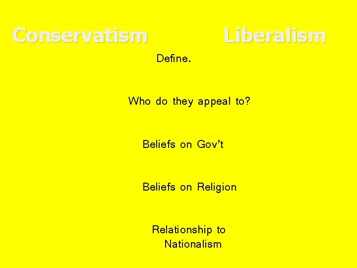 Conservatism Liberalism Define. Who do they appeal to? Beliefs on Gov’t Beliefs on Religion Conservatism Liberalism Define. Who do they appeal to? Beliefs on Gov’t Beliefs on Religion