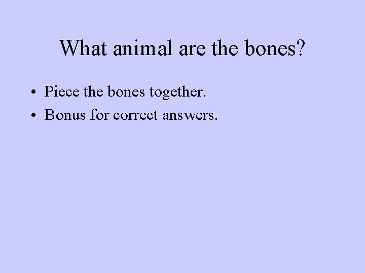 What animal are the bones? • Piece the bones together. • Bonus for correct