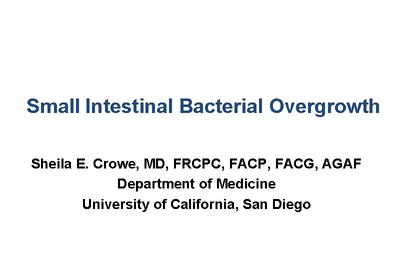 Small Intestinal Bacterial Overgrowth Sheila E. Crowe, MD, FRCPC, FACP, FACG, AGAF Department of