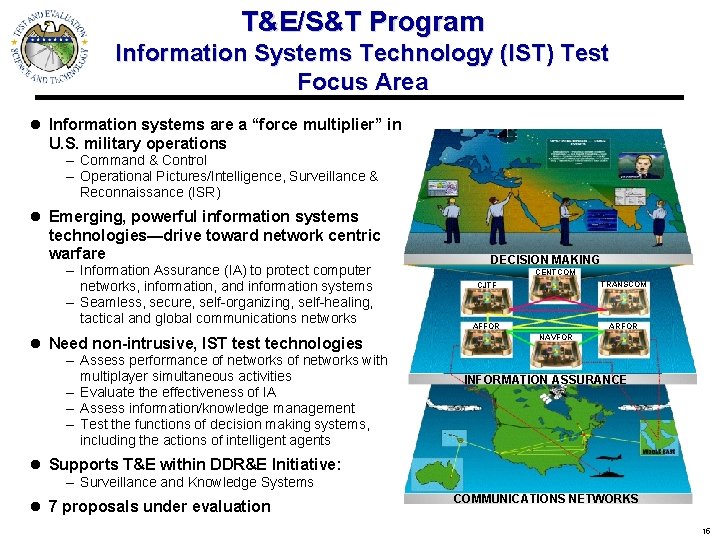 T&E/S&T Program Information Systems Technology (IST) Test Focus Area l Information systems are a