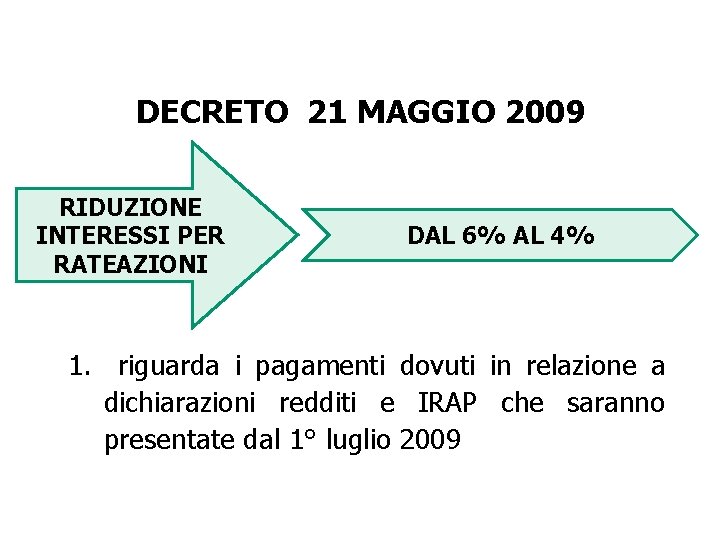 DECRETO 21 MAGGIO 2009 RIDUZIONE INTERESSI PER RATEAZIONI DAL 6% AL 4% 1. riguarda