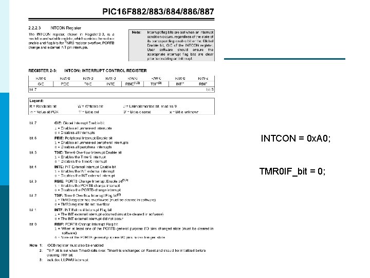 INTCON = 0 x. A 0; TMR 0 IF_bit = 0; INTCON = 0 x. A 0; TMR 0 IF_bit = 0;