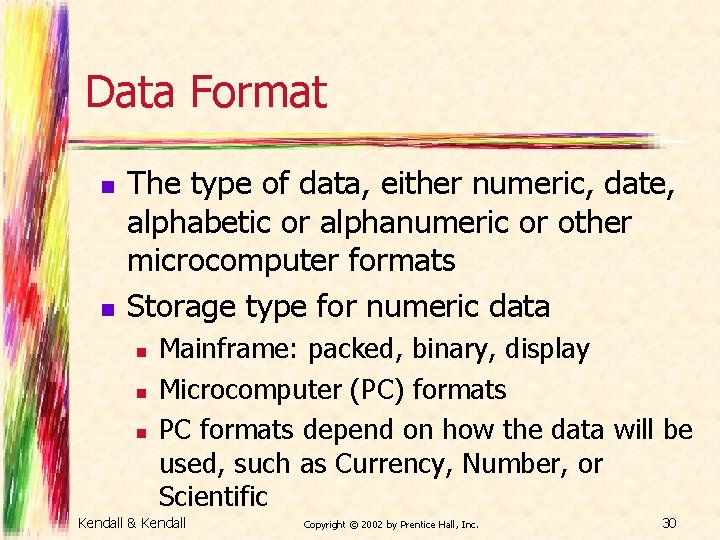 Data Format n n The type of data, either numeric, date, alphabetic or alphanumeric