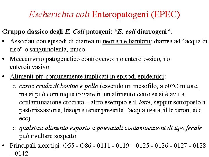 Escherichia coli Enteropatogeni (EPEC) Gruppo classico degli E. Coli patogeni: “E. coli diarrogeni”. •