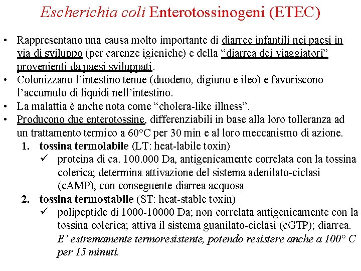 Escherichia coli Enterotossinogeni (ETEC) • Rappresentano una causa molto importante di diarree infantili nei
