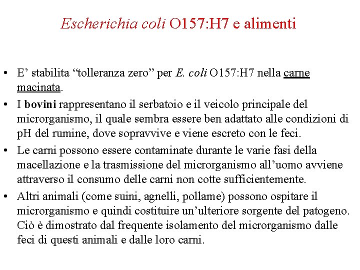 Escherichia coli O 157: H 7 e alimenti • E’ stabilita “tolleranza zero” per