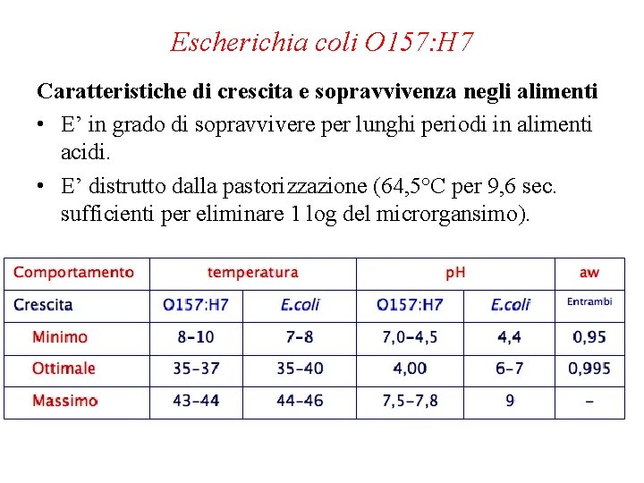 Escherichia coli O 157: H 7 Caratteristiche di crescita e sopravvivenza negli alimenti •