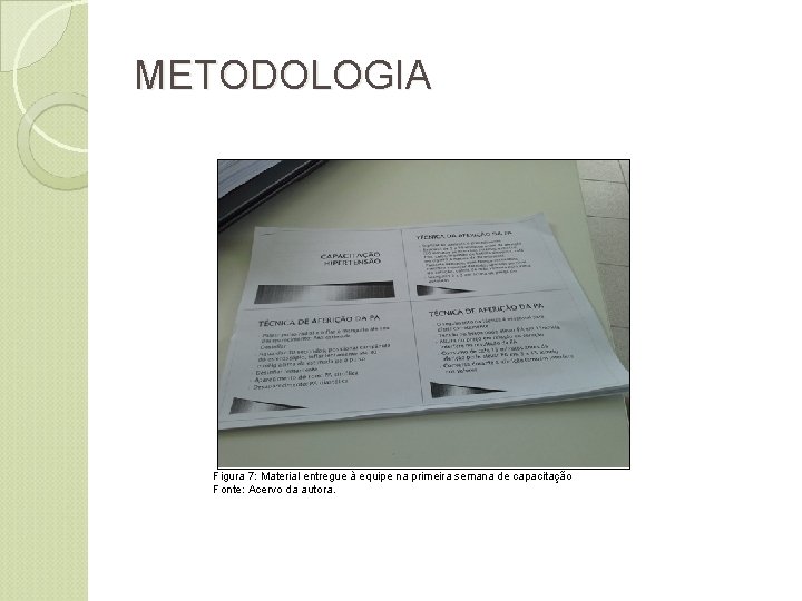 METODOLOGIA Figura 7: Material entregue à equipe na primeira semana de capacitação Fonte: Acervo