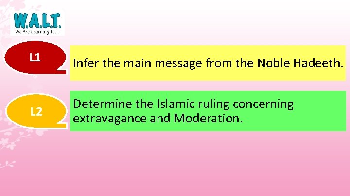 L 1 Infer the main message from the Noble Hadeeth. L 2 Determine the