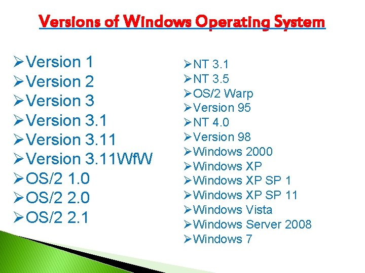 Versions of Windows Operating System ØVersion 1 ØVersion 2 ØVersion 3. 11 Wf. W