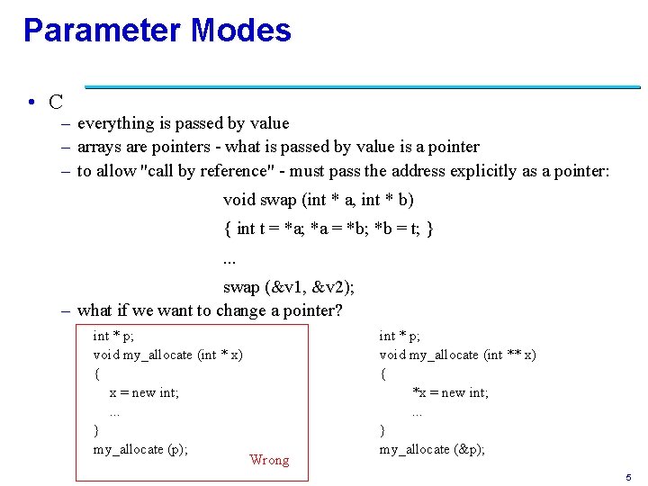 Parameter Modes • C – – – everything is passed by value arrays are
