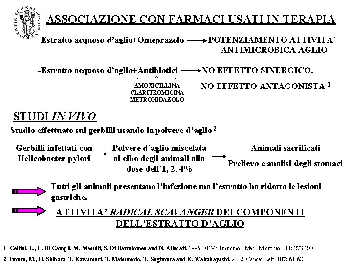 ASSOCIAZIONE CON FARMACI USATI IN TERAPIA -Estratto acquoso d’aglio+Omeprazolo -Estratto acquoso d’aglio+Antibiotici AMOXICILLINA CLARITROMICINA ASSOCIAZIONE CON FARMACI USATI IN TERAPIA -Estratto acquoso d’aglio+Omeprazolo -Estratto acquoso d’aglio+Antibiotici AMOXICILLINA CLARITROMICINA