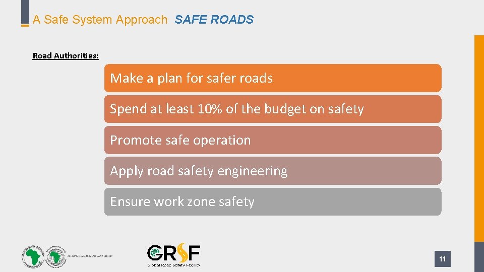 A Safe System Approach SAFE ROADS Road Authorities: Make a plan for safer roads