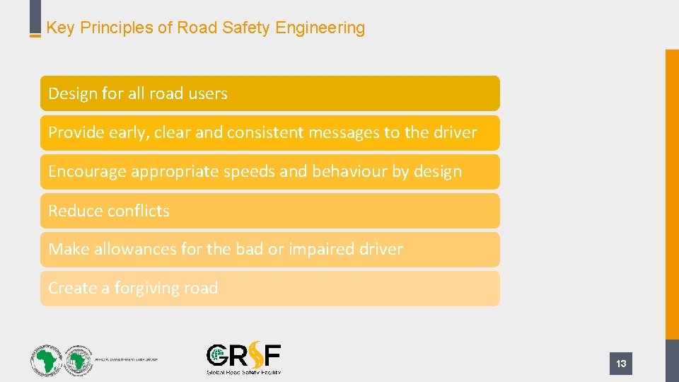 Key Principles of Road Safety Engineering Design for all road users Provide early, clear