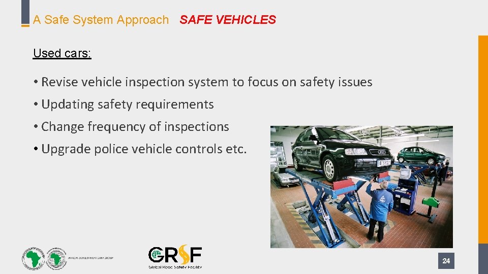 A Safe System Approach SAFE VEHICLES Used cars: • Revise vehicle inspection system to