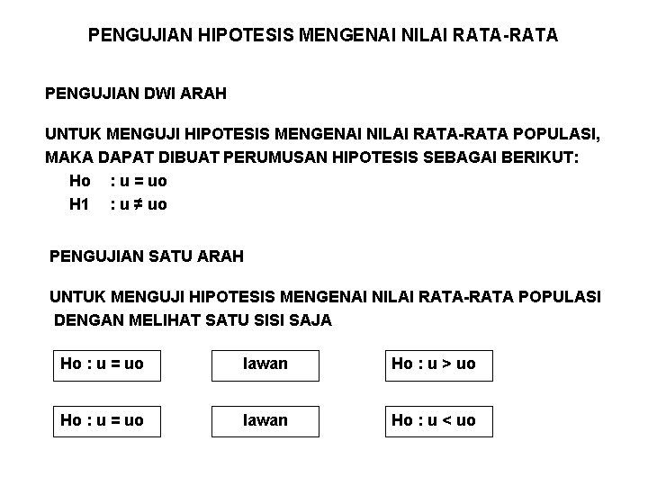 PENGUJIAN HIPOTESIS MENGENAI NILAI RATA-RATA PENGUJIAN DWI ARAH UNTUK MENGUJI HIPOTESIS MENGENAI NILAI RATA-RATA