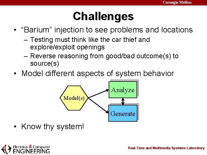 Carnegie Mellon Challenges • “Barium” injection to see problems and locations – Testing must