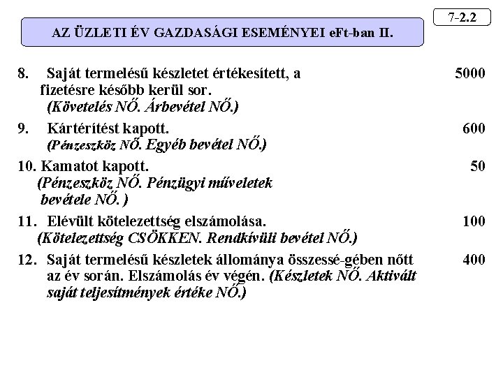 AZ ÜZLETI ÉV GAZDASÁGI ESEMÉNYEI e. Ft-ban II. 8. Saját termelésű készletet értékesített, a