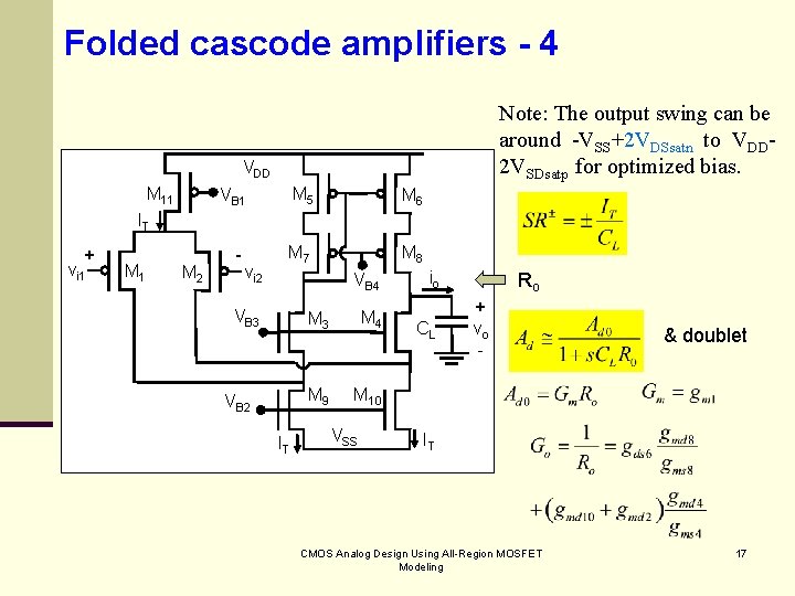 Folded cascode amplifiers - 4 Note: The output swing can be around -VSS+2 VDSsatn