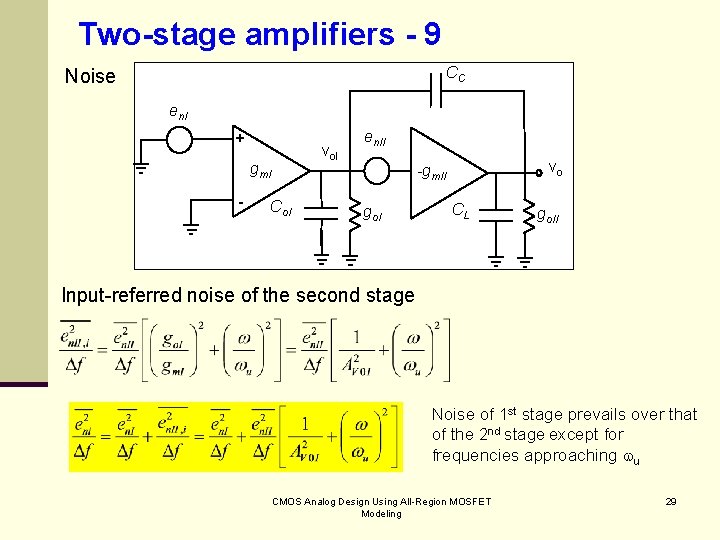 Two-stage amplifiers - 9 CC Noise en. I + vo. I gm. I -