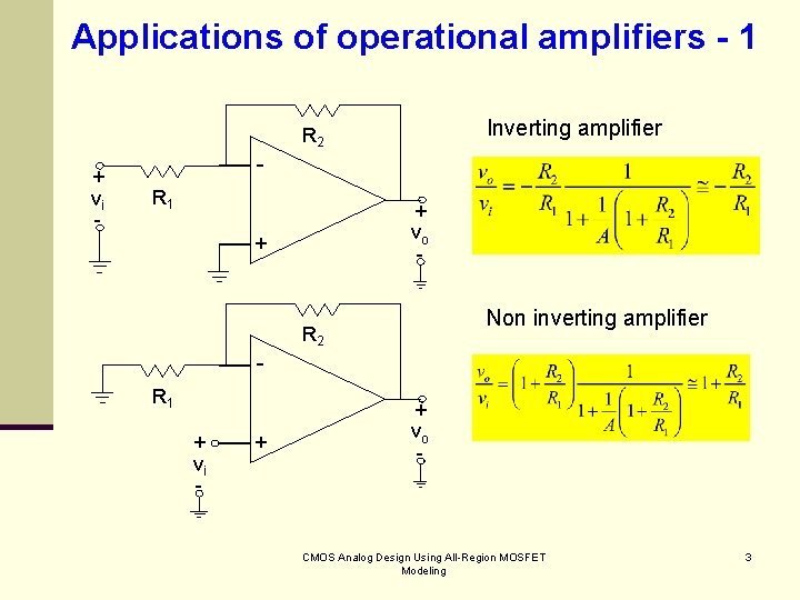 Applications of operational amplifiers - 1 Inverting amplifier R 2 + vi - R