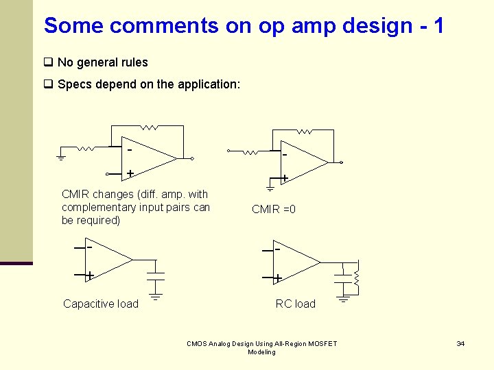 Some comments on op amp design - 1 q No general rules q Specs