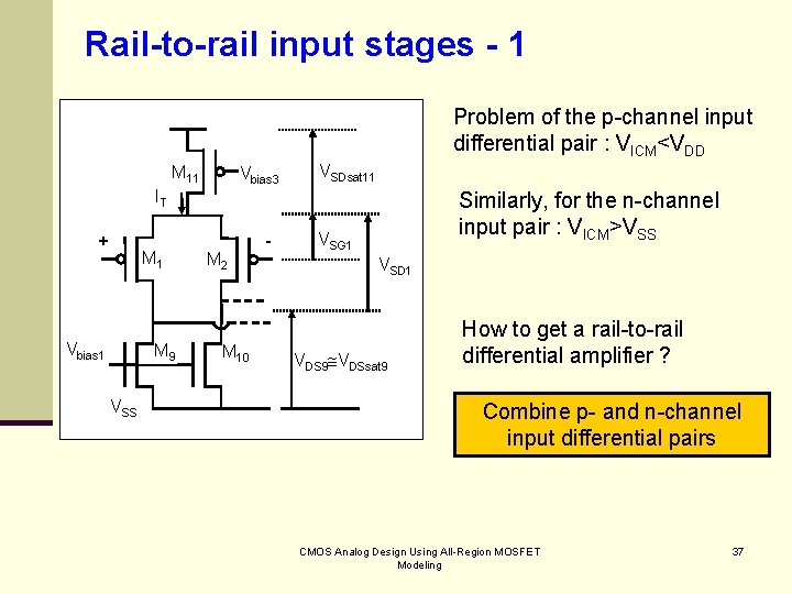 Rail-to-rail input stages - 1 Problem of the p-channel input differential pair : VICM<VDD