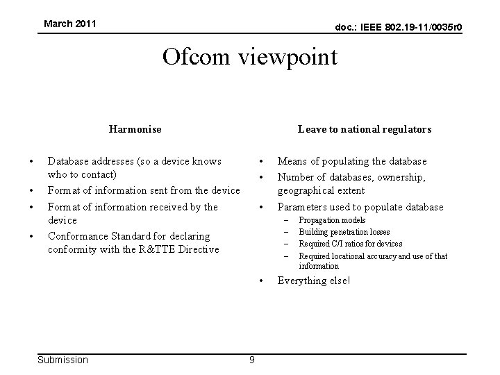 March 2011 doc. : IEEE 802. 19 -11/0035 r 0 Ofcom viewpoint Harmonise •