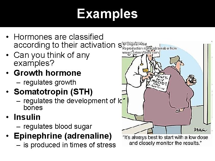 Examples • Hormones are classified according to their activation site • Can you think