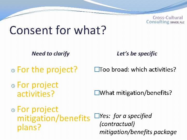 Consent for what? Need to clarify Cross-Cultural Consulting SERVICES, PLLC Let’s be specific For
