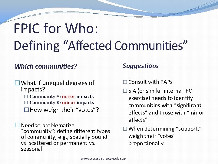 FPIC for Who: Defining “Affected Communities” Which communities? Suggestions �What if unequal degrees of